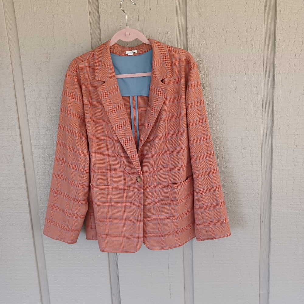 J Jill Mendocino Plaid Blazer Size XL Women One Button Long Sleeve Pocket Auburn